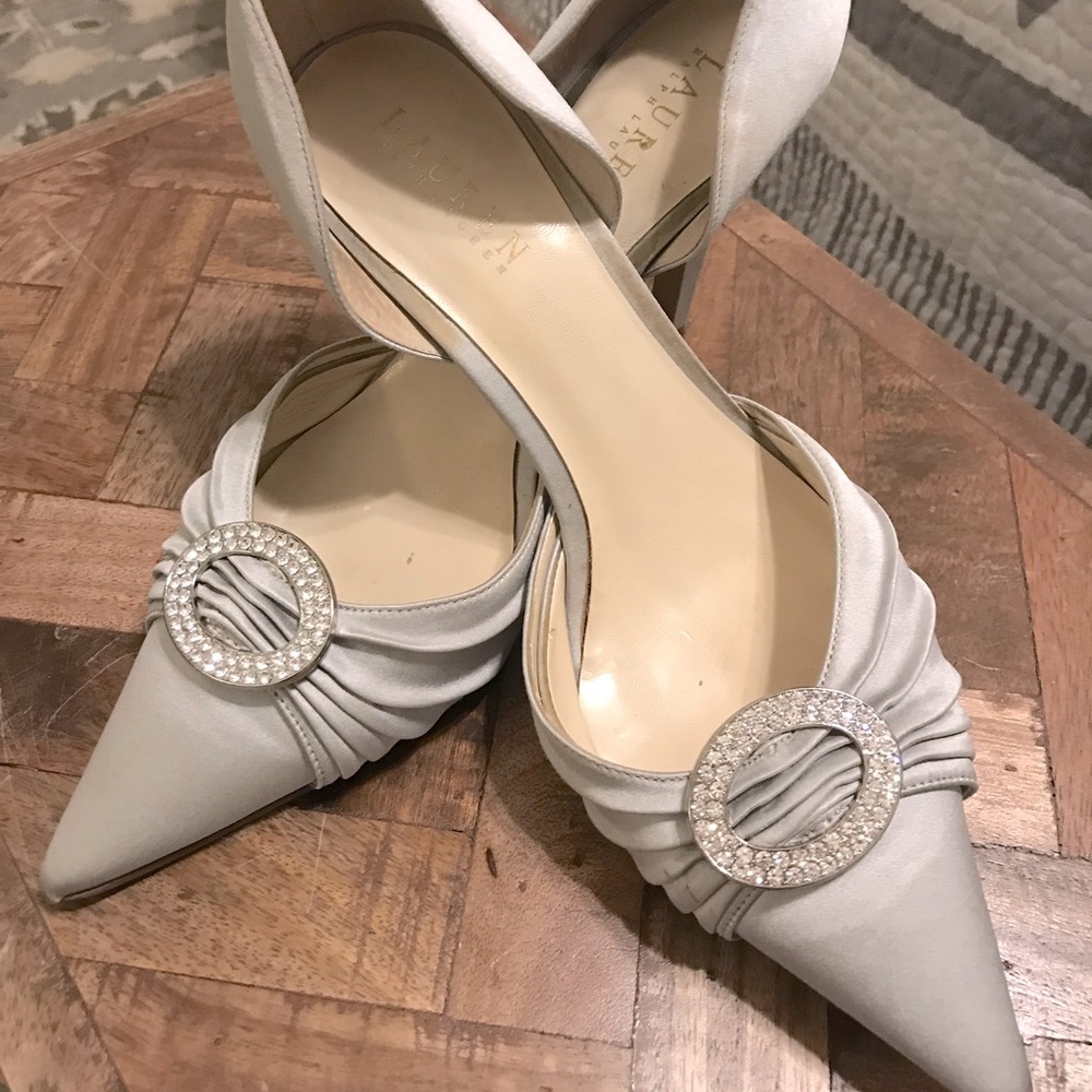 Ralph Lauren silver satin heels with diamond accent